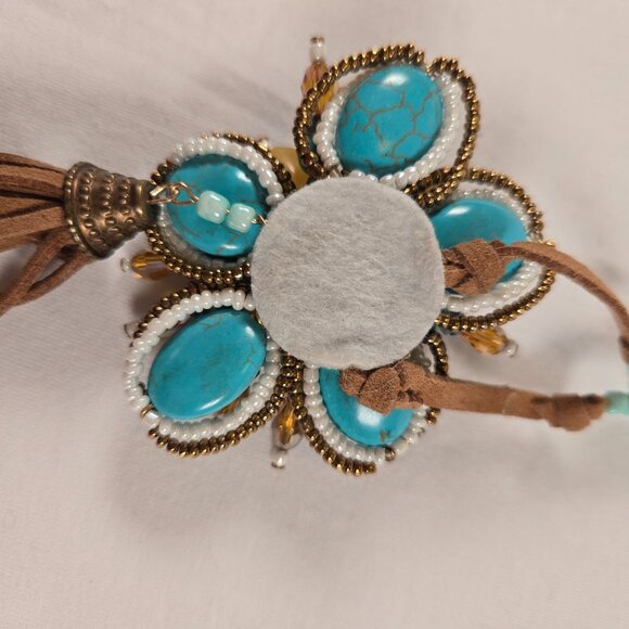 Handcrafted Leather Beaded Necklace With Turquoise Yellow Floral Pendant Tassel - Picture 4 of 8